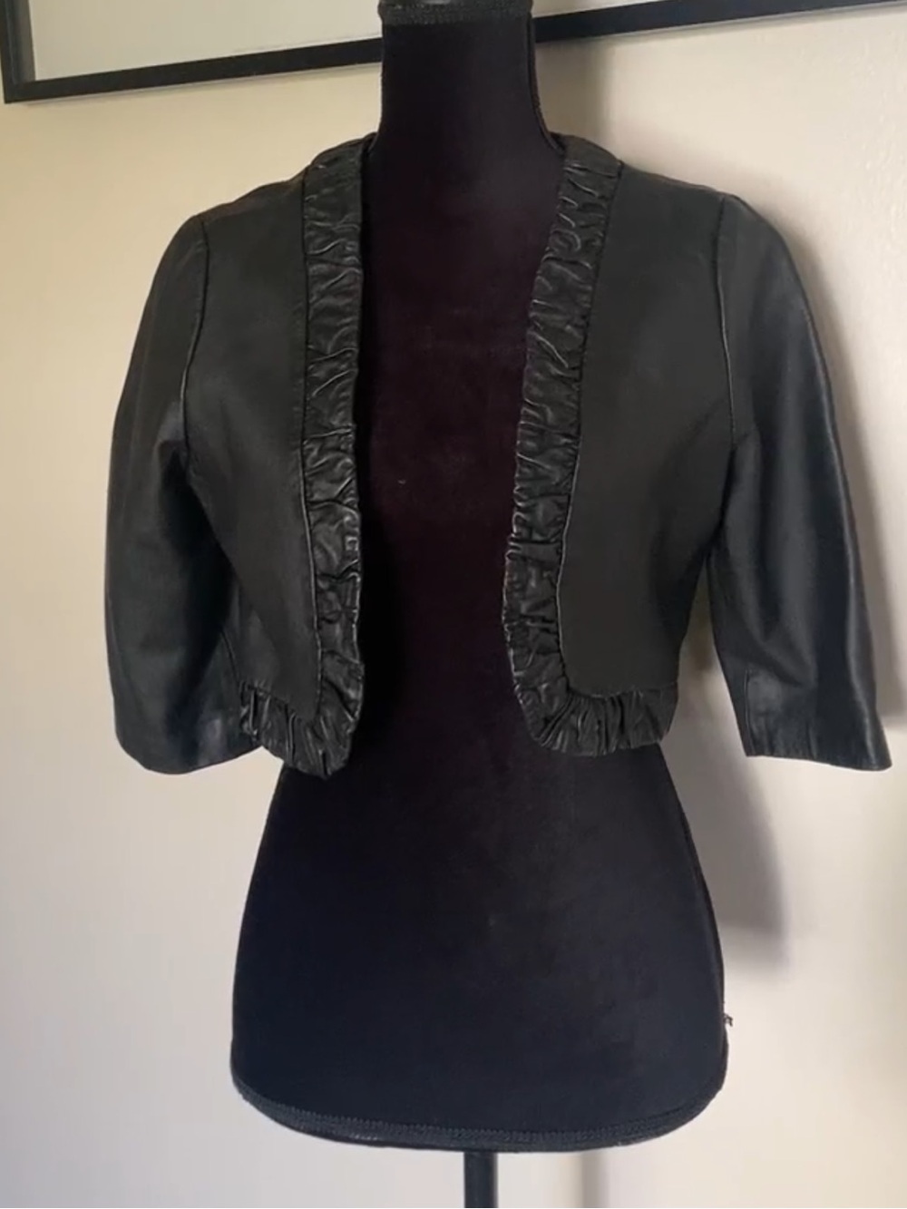 BCBGeneration Cropped Black Leather Ruffle-Trim Jacket